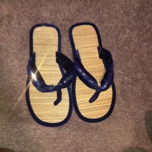 Forever 21 straw flip flop with blue velvet straps